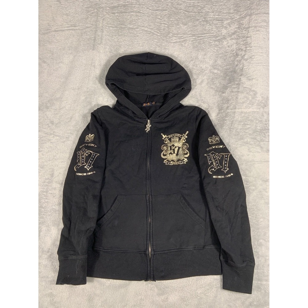Y2K Seven7 Graphic ZipUp Hoodie Black Size Medium